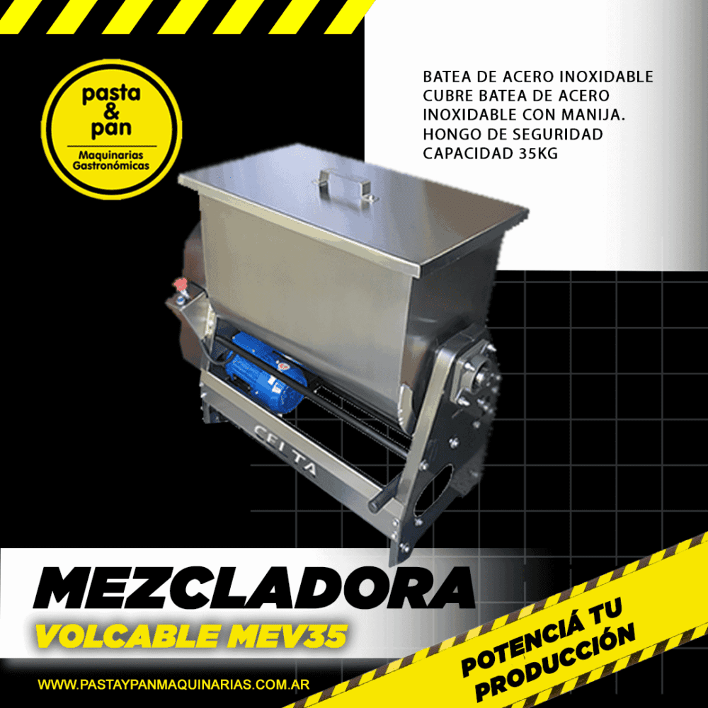 01 MEZCLADORA Mezcladora volcable MEV35 de 25 kg para fábricas de pastas – motor blindado y estructura reforzada